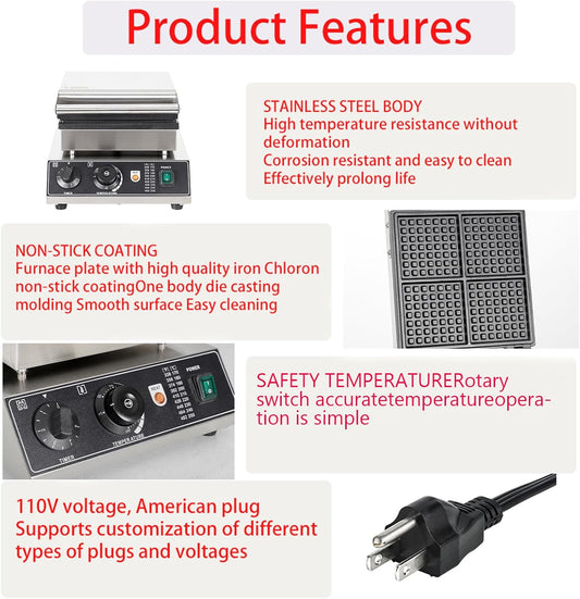 Industrial Waffle Maker 1750W Square Waffle Iron, 110V Non-Stick Waffle Baker Machine, 4 Slice Belgian Waffle Maker Teflon-Coated Baking Pans Stainless Steel Body,50-300℃/122-572℉ Adjustable