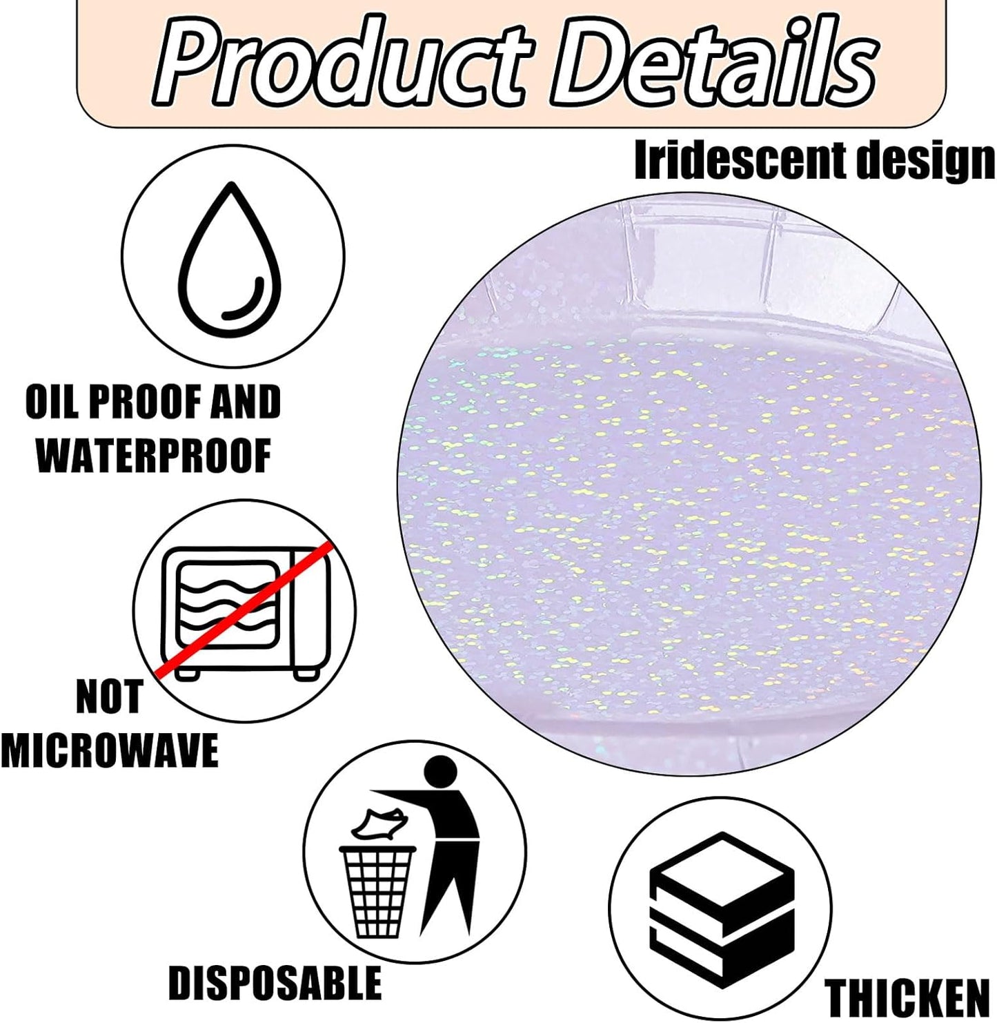 50 Pcs Iridescent Light Purple Paper Plates 25 × 7'' and 25 × 9'' Disposable Lavender Shiny Holographic Foil Dinner Plates for Wedding Baby Shower Birthday Party Glitter Dessert Plate