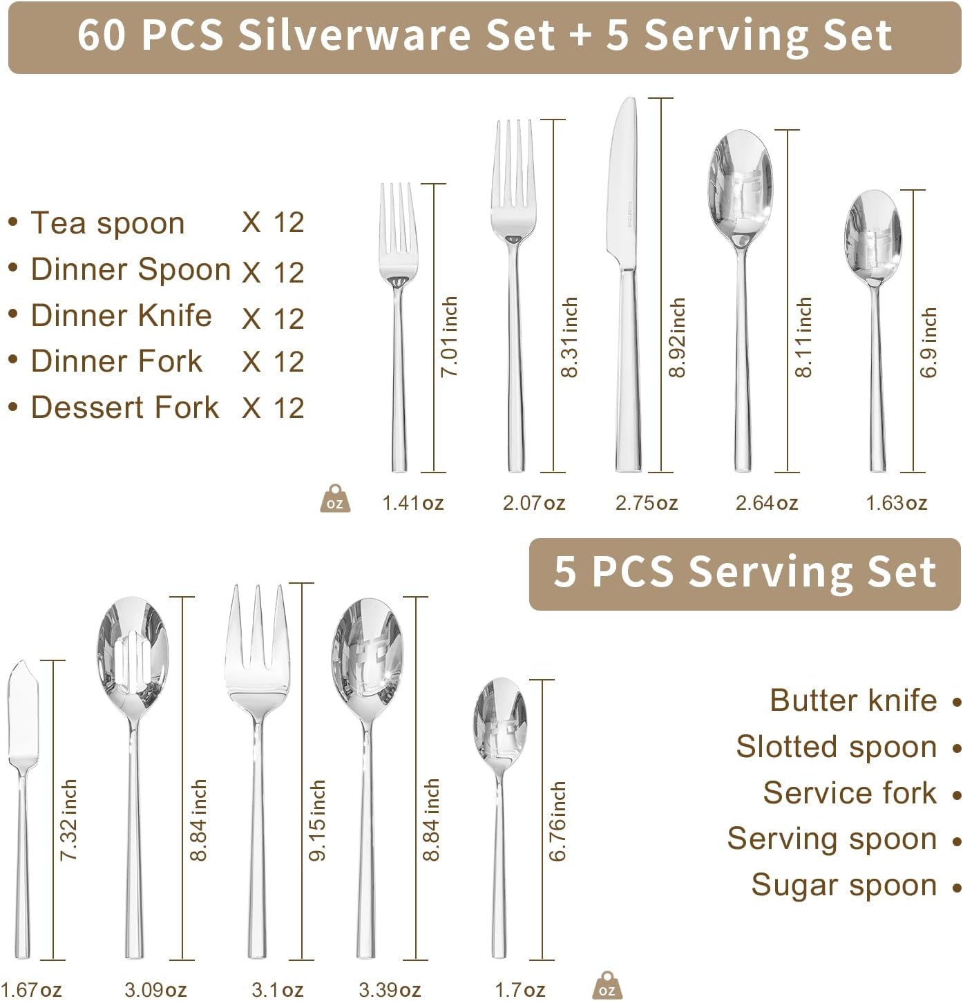 KINGSTONE Silverware Set with Serving Utensils, 65-Piece Forged Flatware Set Cutlery Set Premium Stainless Steel, Service for 12, for Kitchen, Home, Wedding, Party, Mirror Polished and Dishwasher Safe