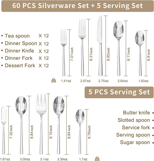 KINGSTONE Silverware Set with Serving Utensils, 65-Piece Forged Flatware Set Cutlery Set Premium Stainless Steel, Service for 12, for Kitchen, Home, Wedding, Party, Mirror Polished and Dishwasher Safe