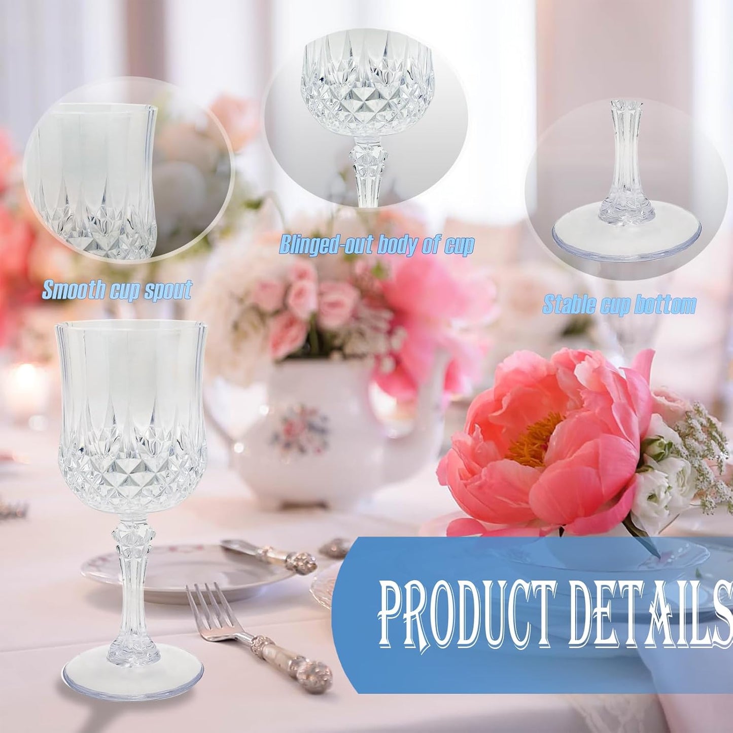24 PCS Plastic Wine Glasses Clear,Reusable Plastic Wine Glasses,White Goblet Glass,Durable and Sturdy Cups Can Be Ssed for Various Parties Such as Weddings!
