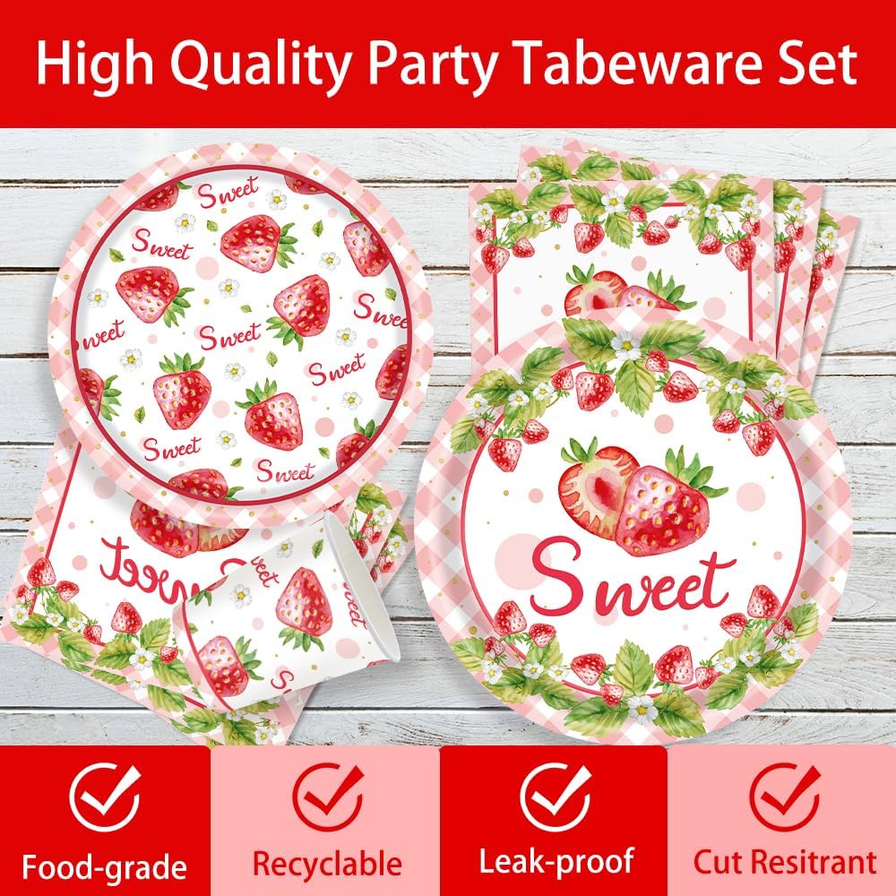 140 Pcs Strawberry Birthday Decorations Berry First Birthday Decorations Strawberry Themed Plates Cups and Napkins Sets Serves 20