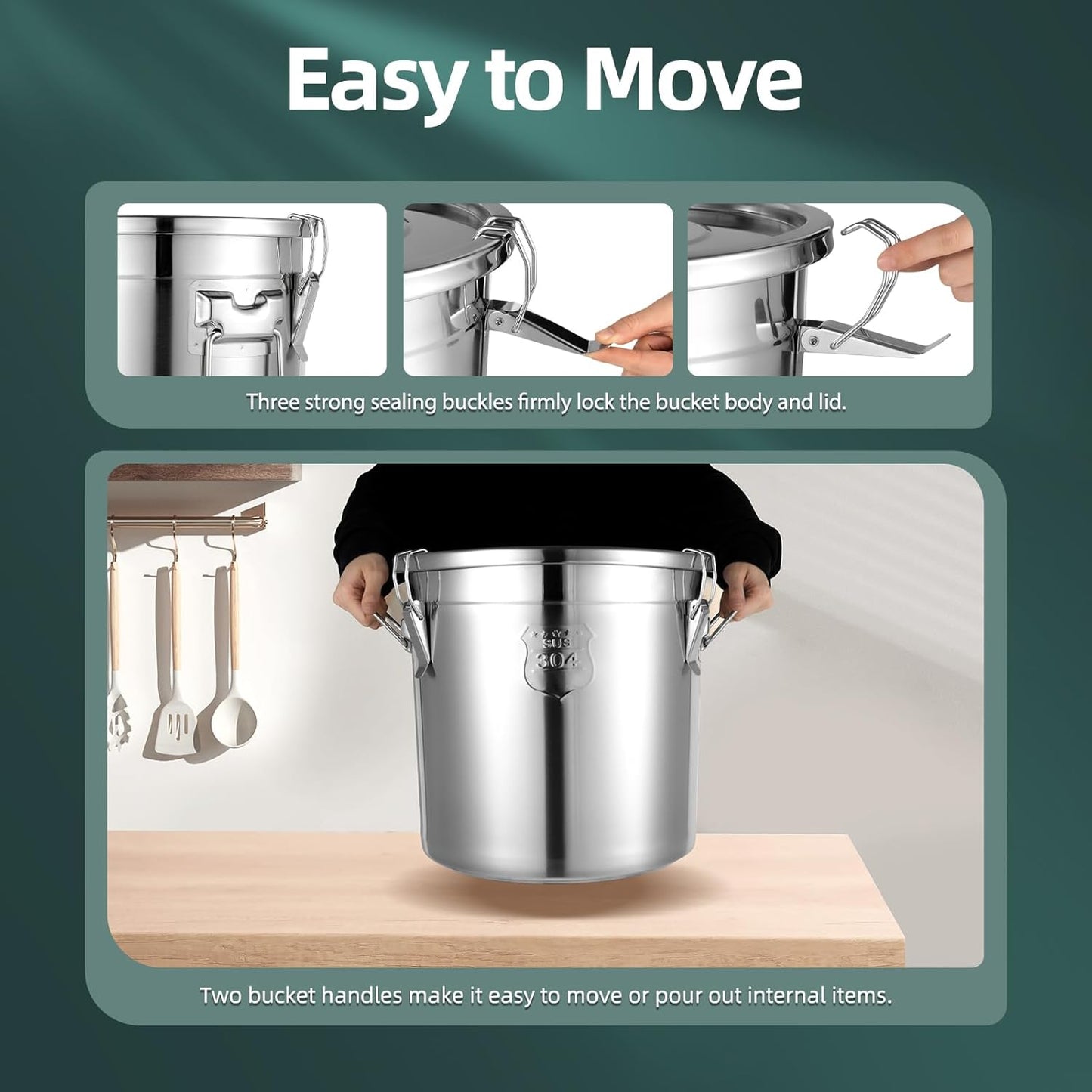 21L Stainless Steel Storage Bucket, Food Storage Containers With Lids and Sturdy Locking Clamp, 10-21lbs Metal Storage Bucket for Rice, Flour, Grain, Coffee Bean(21L)