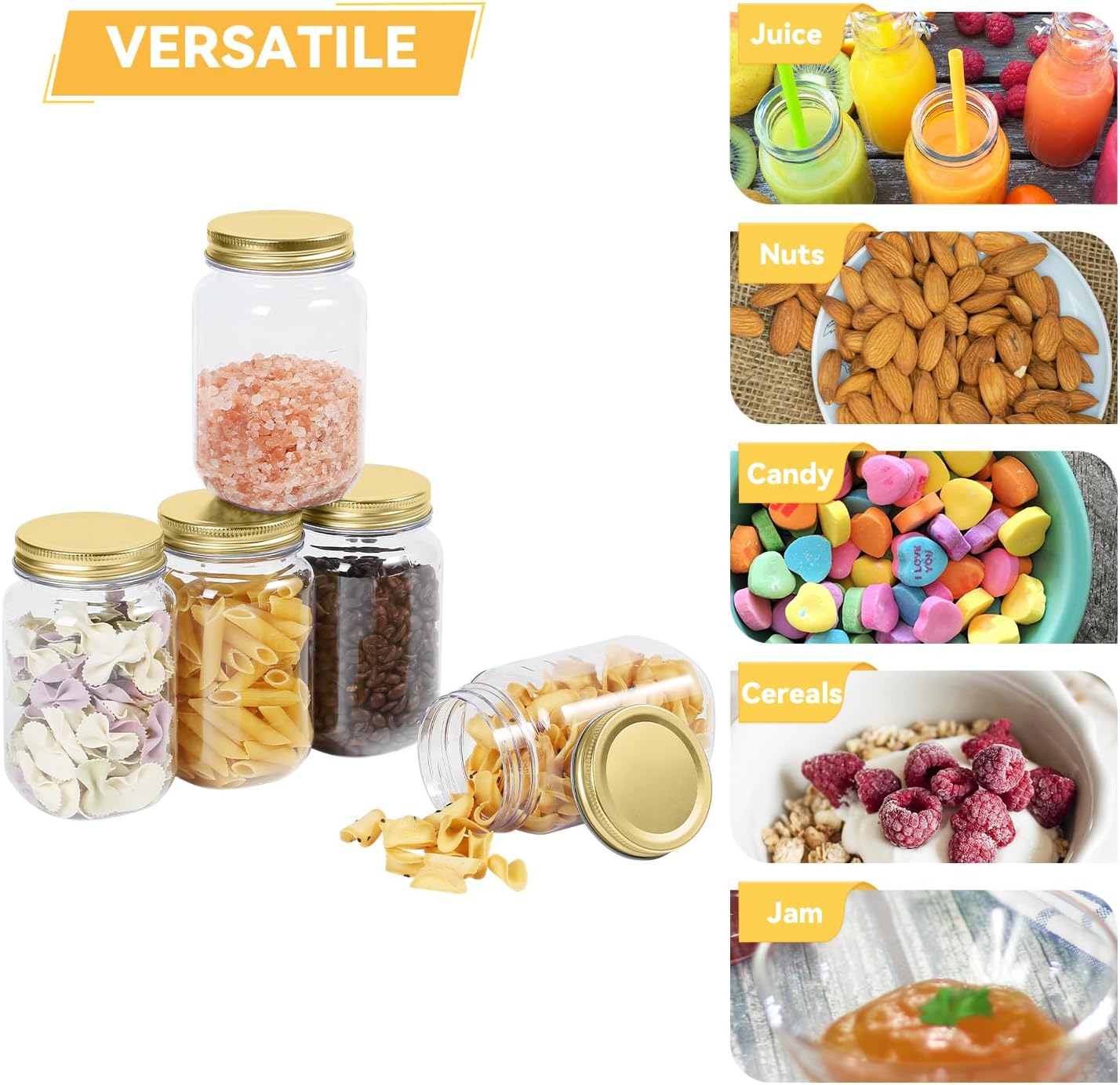 novelinks 16 oz Clear Plastic Jars with Screw-On Lids - BPA-Free Refillable Storage Containers for Slime, Food, Crafts, Kitchen & Household Use (10 Pack,Gold)