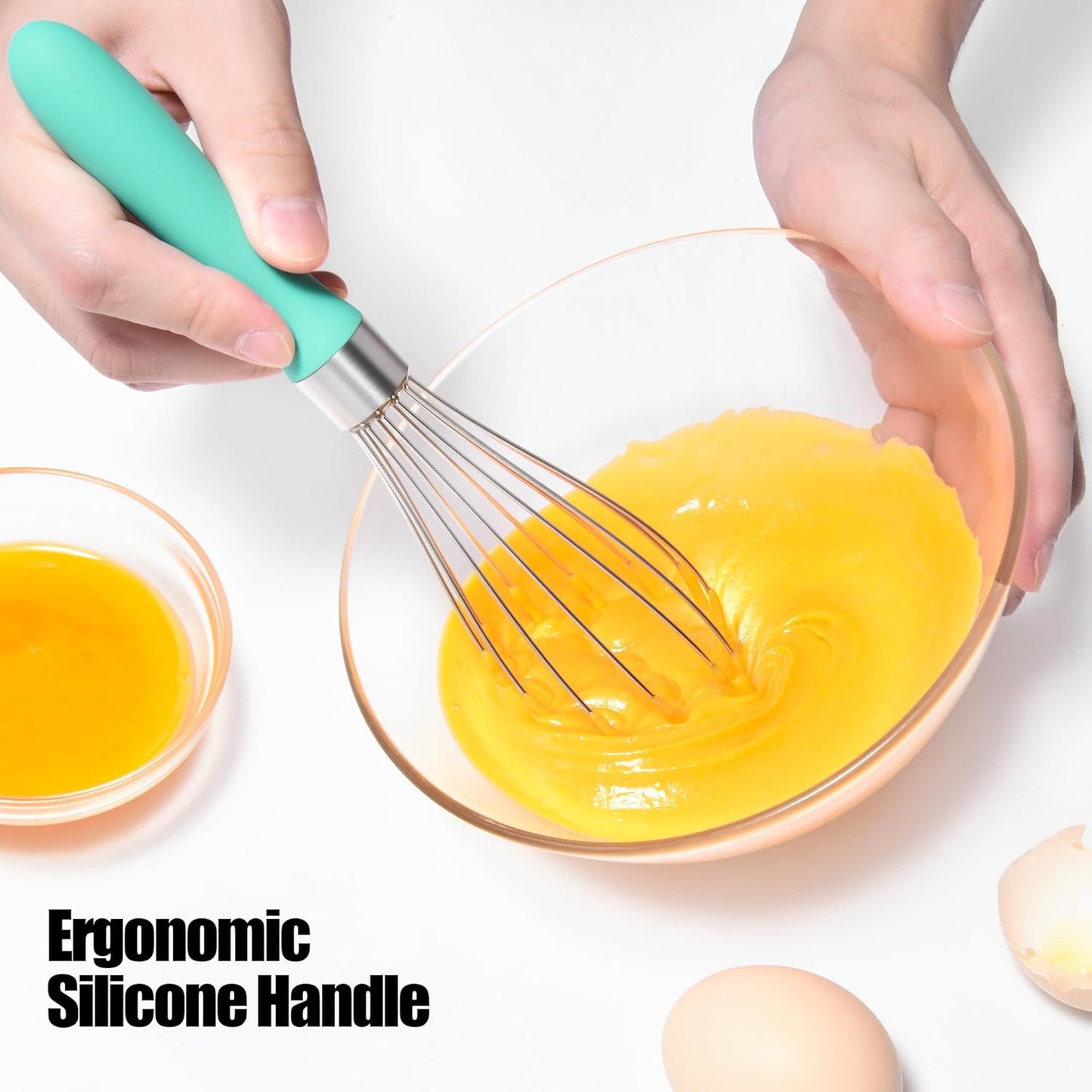 18/8 Stainless Steel Balloon Whisk, Doosu Kitchen Whisk for Cooking Handheld Egg Beater with Rust-Proof Sturdy Wires & Non-Slip Silicone Handle for Beating, Stirring, Blending (6 Wires, Aqua Sky)