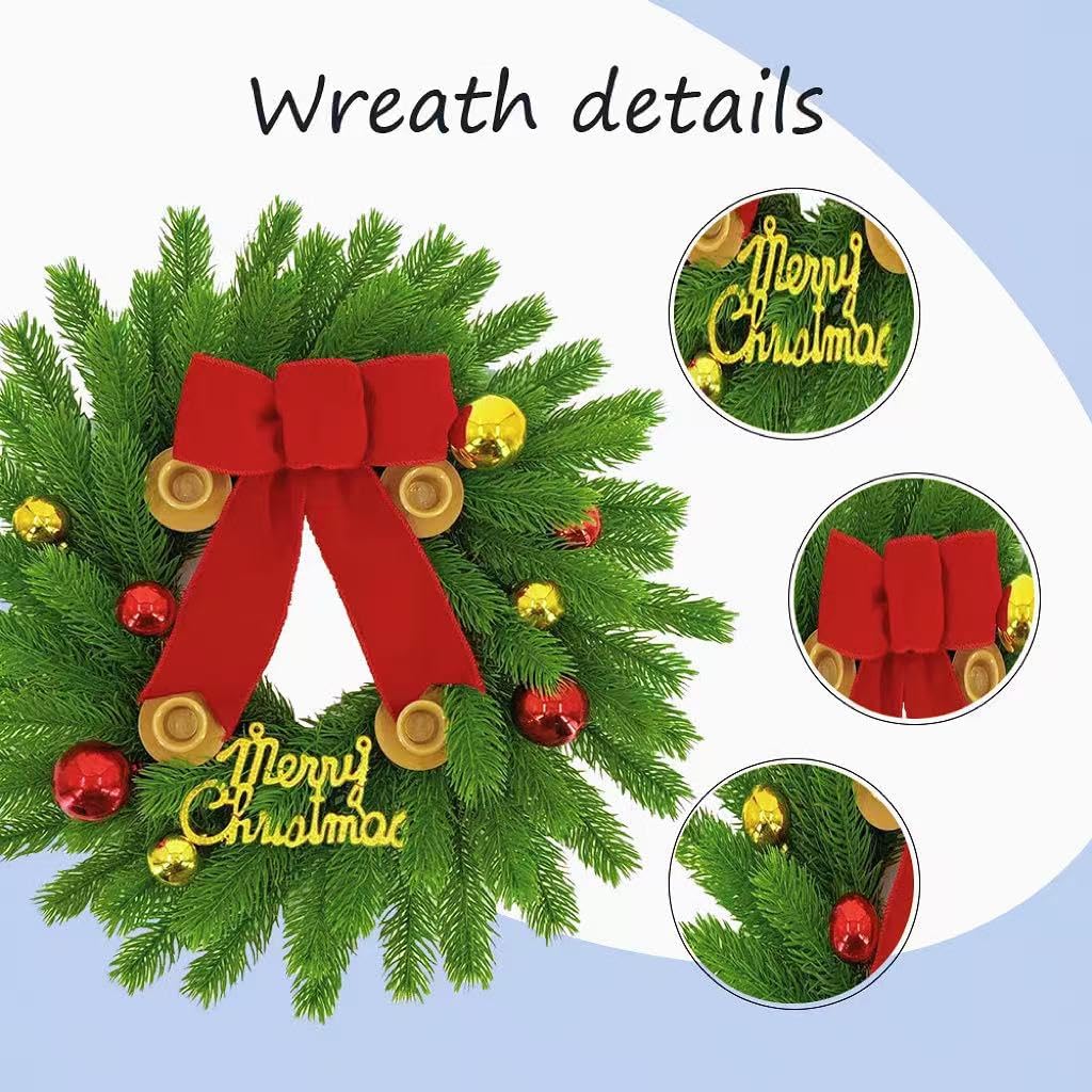 20Inch Christmas Candle Wreath, Realistic Pine Advent Wreath with Red Gold Balls and Bow, Kitchen Cabinet Candle Holder for Table Wall Window Porch Front Door Fireplace Decor