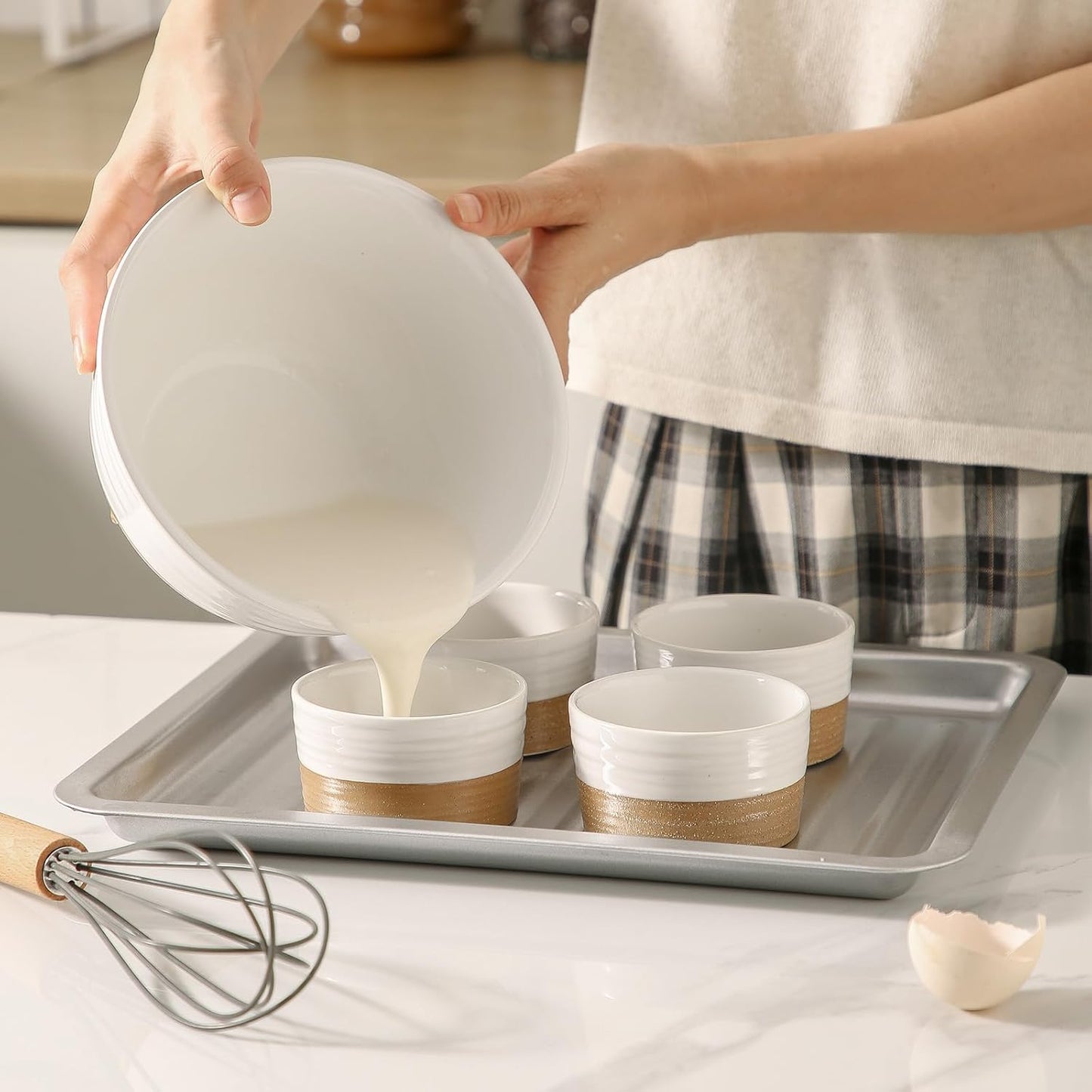 Ramekins 6 OZ for Creme Brulee Oven Safe,Ceramic Souffle Cups Set of 6,Small Dipping Sauce Cups for Charcuterie,Dessert,Dipping Sauce,Custard and Pudding,Microwave & Oven Safe,Patchwork White