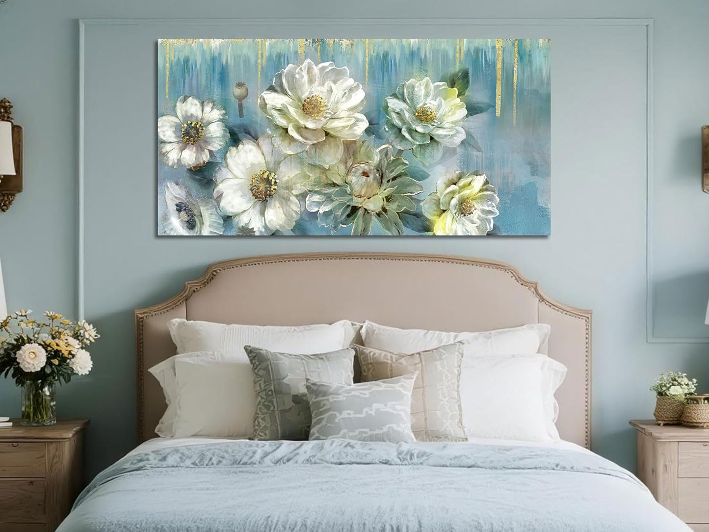 Ardemy Floral Canvas Wall Art Extra Large Magnolia White Flowers Pictures Wall Decor Teal Textured Paintings Modern Turquoise Artwork for Living Room Bedroom Dinning Room Home Office, 58"x29"