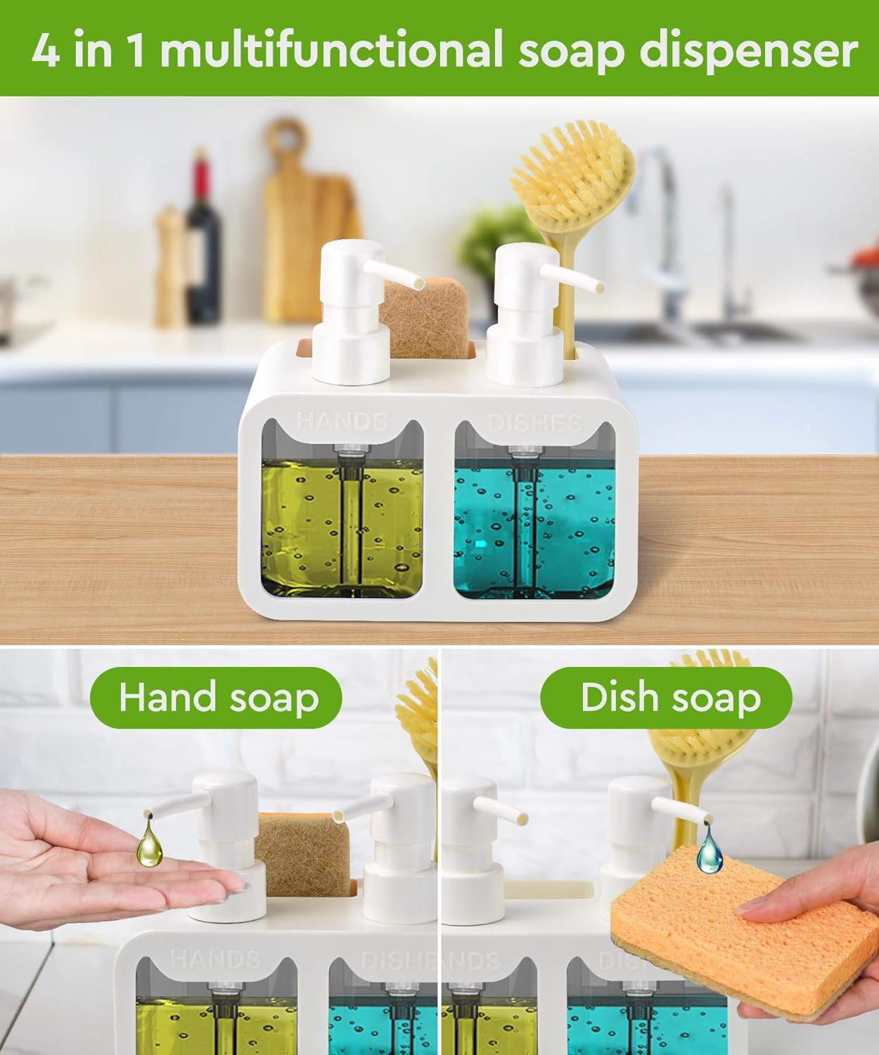 Kitchen Hand Soap and Dish Soap Dispenser Set, Dual Soap Dispenser with Sponge Caddy and Brush Holder 4-in-1 Organizer for Sink Countertop, Useful Kitchen Gadgets - White