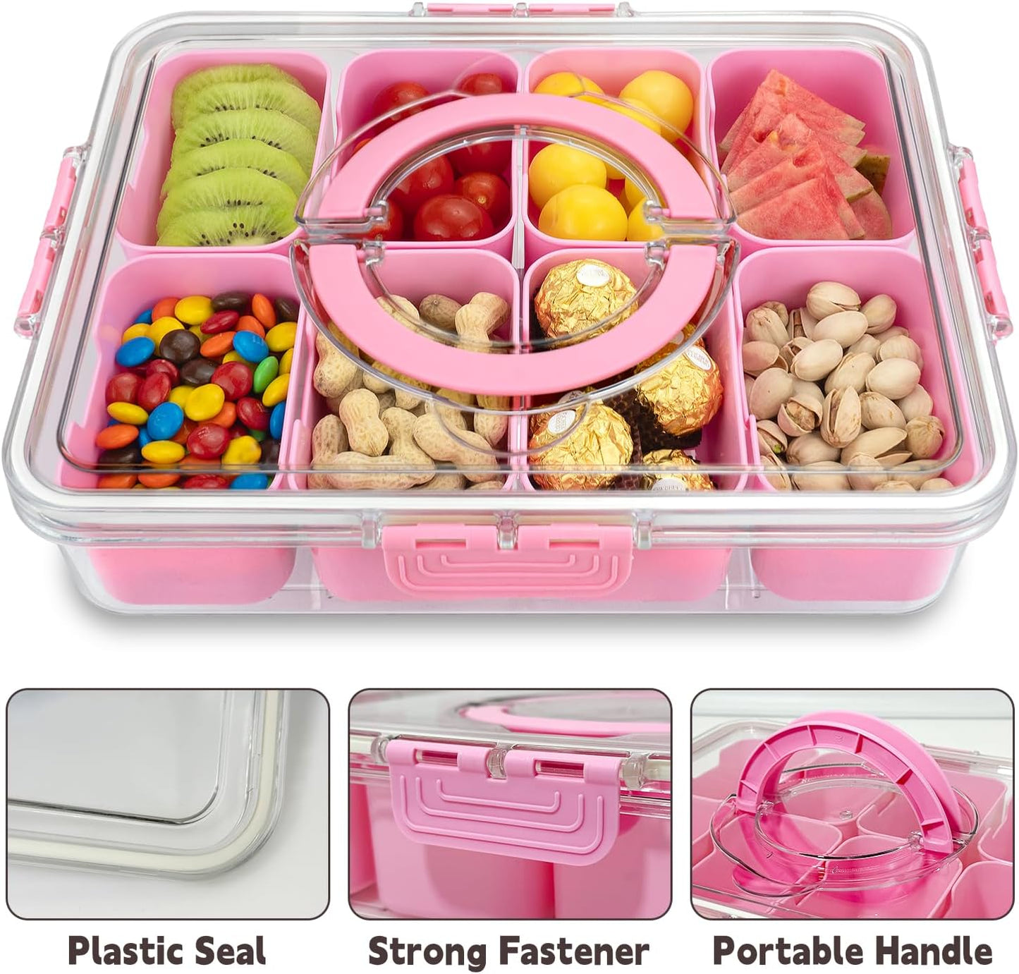 Divided Serving Tray with Lid and Handle, 8 Compartments Snack Box, Portable Platter for Candy Fruits Nuts, Snack Party Entertaining Picnic