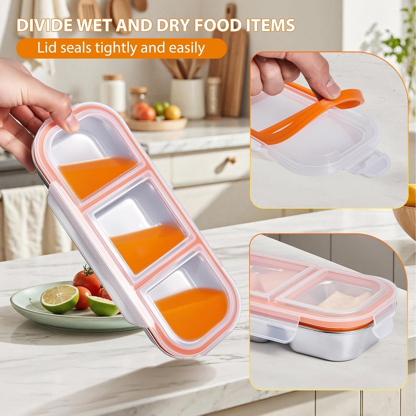 Stainless Steel Snack Box Container - 2 Pack Bento Box for Kids & Adults, 3 Compartment Leak-Proof Snack Containers with Lids (Orange)