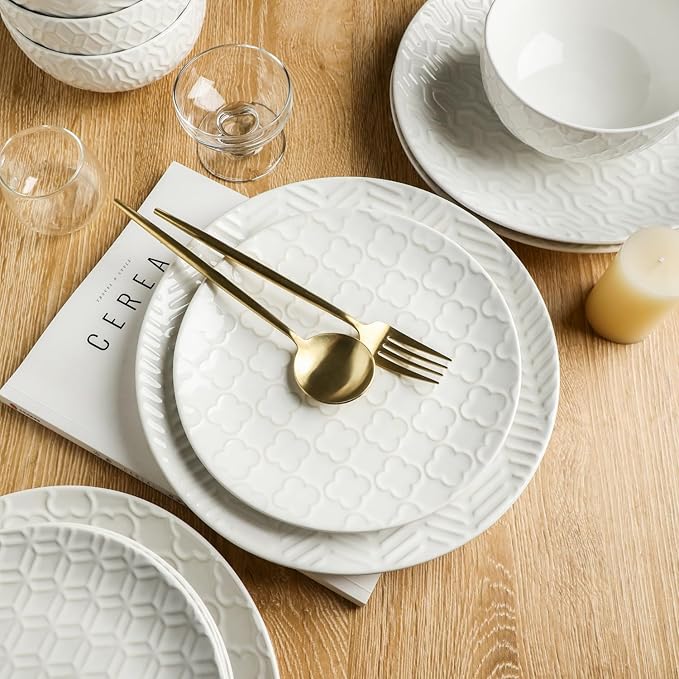 Sureasy Ceramic Dinnerware Sets for 8, 24 Piece Embossed Plates and Bowls Sets, Scratch Resistant Stoneware Dishes Set, Dishwasher and Microwave Safe, White