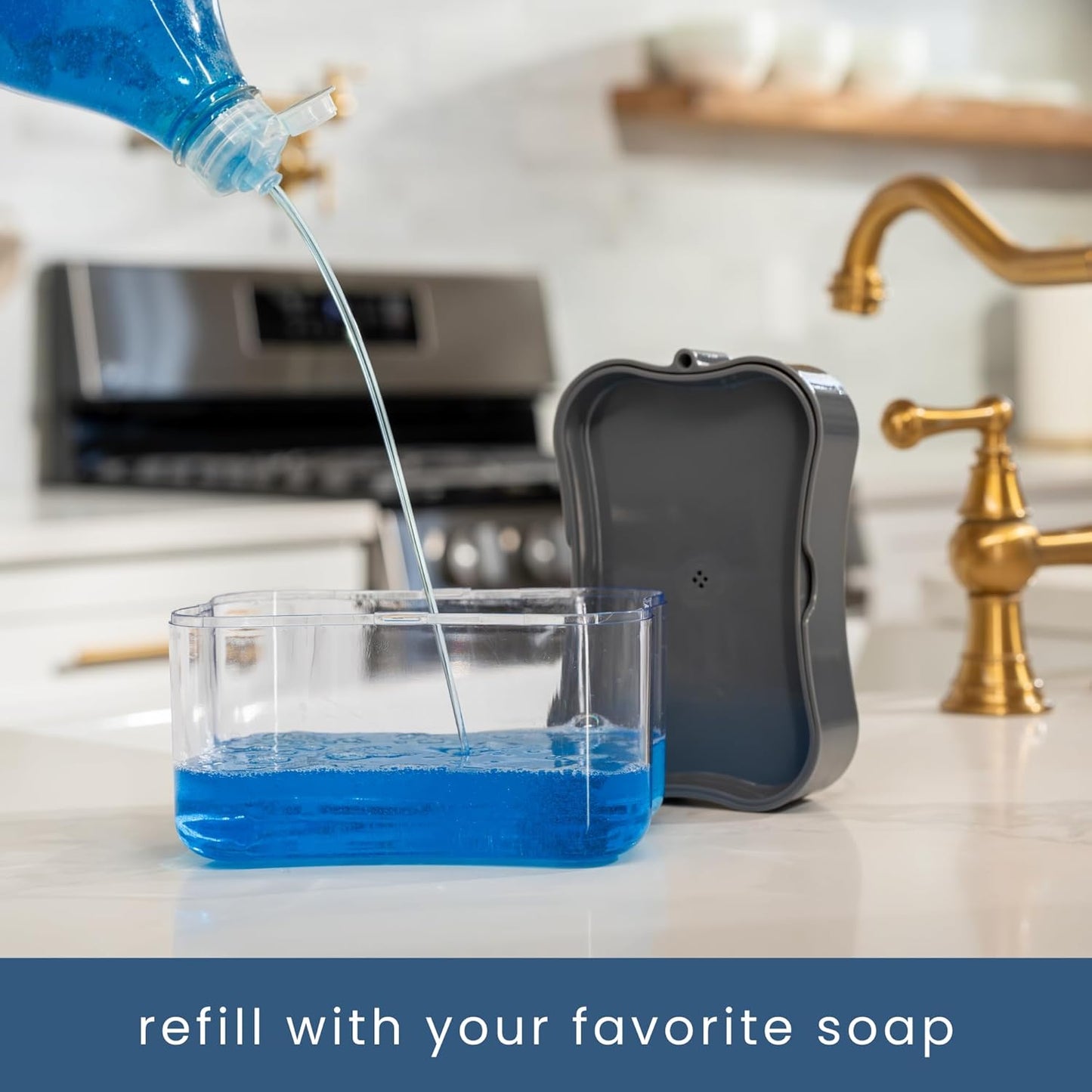 S&T INC. Dish Soap Dispenser and Sponge Holder for Kitchen Sink, Sponge Included, 13 Ounces, Grey