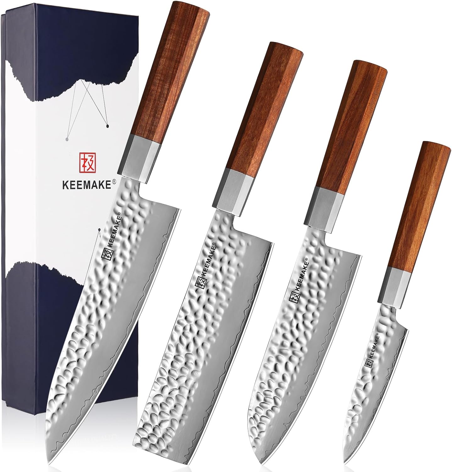 KEEMAKE Kitchen Knife Set 4pcs - Chef Knife Set with 3-layer Japanese 9CR19MOV Clad Steel Blade, Sharp Knives Set for Kitchen with Octagon Rosewood Handle Kitchen Knives