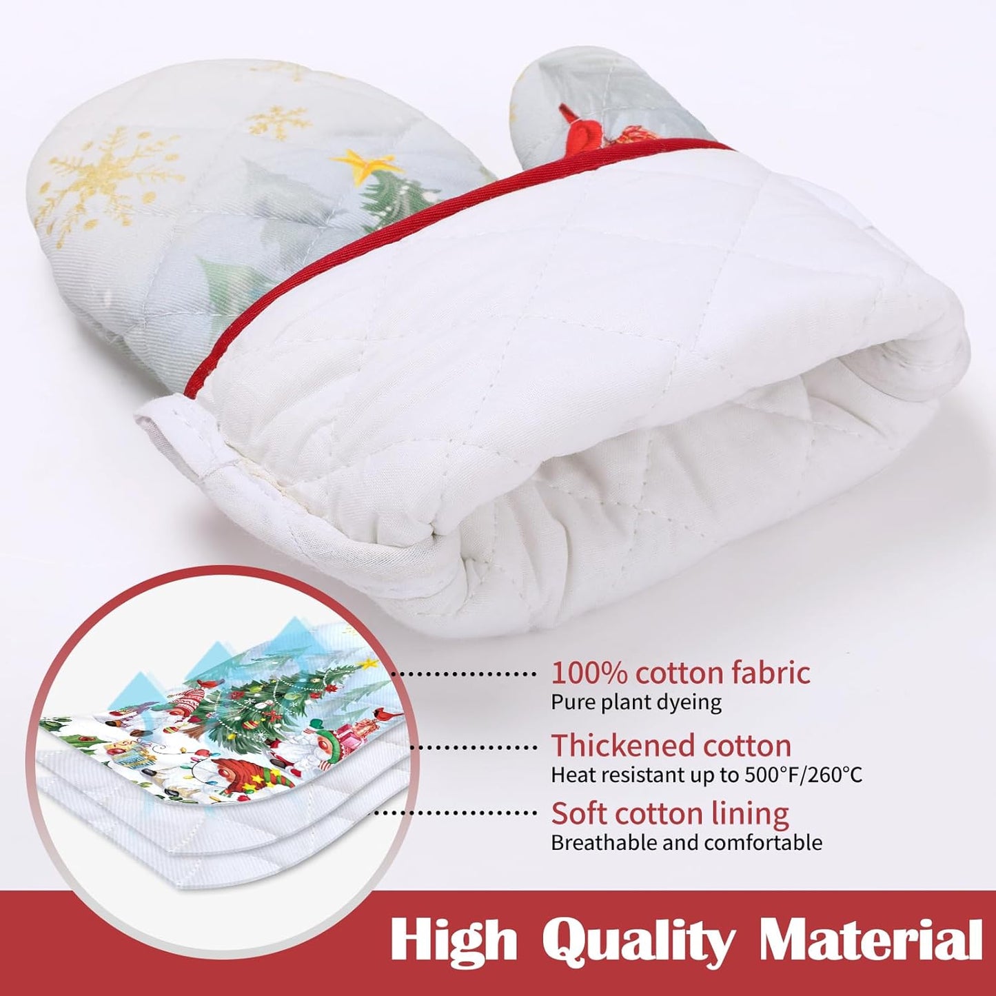 Christmas Winter Gnomes Oven Mitts and Pot Holders Sets 2Pcs, 100% Cotton Heat Resistant, Extra Long Oven Gloves Potholder for Kitchen Cooking Baking Decoration