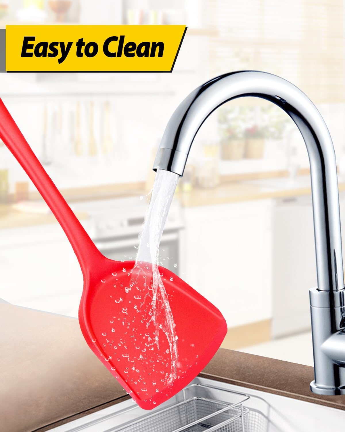 Pack of 2 Silicone Wok Spatula, Non-Stick, Heat Resistant, Easy to Clean and Dishwasher Safe, Seamless Kitchen Utensil for Cooking, Baking, Stir-Fry (Red)