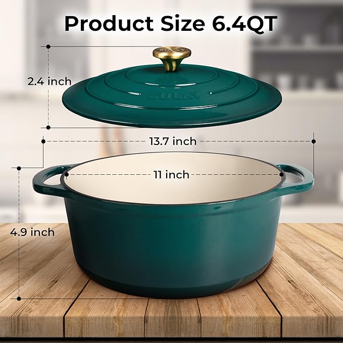 Zulay Kitchen 6 Quart Enameled Cast Iron Dutch Oven Pot with Lid – Premium Durability & Oven Safe up to 500°F – Heavy Duty Cookware Perfect for Bread Baking, Stews, Braising & Roasting – Emerald