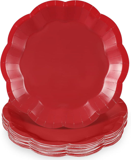 30pcs Christmas Paper Plates 9 Inch Red Scalloped Paper Plates Disposable Xmas Dinner Plate for Christmas,Weeding, Birthday, Baby Shower
