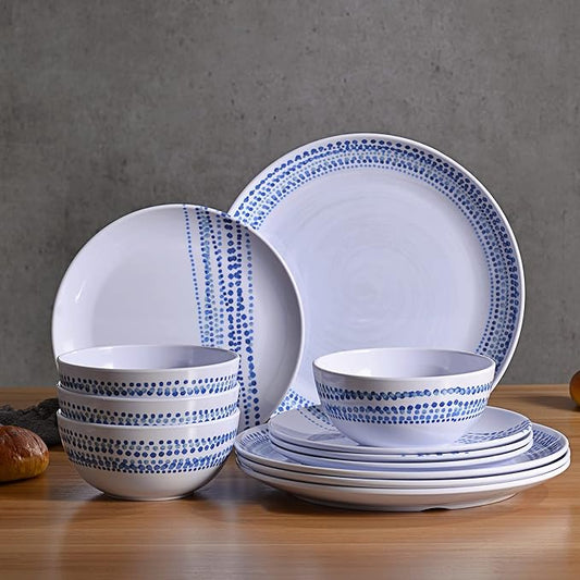 Melamine Dinnerware Sets, 12Pcs Plates and Bowls Sets Dinnerware Sets for 4, Unbreakable Dish Set for Indoor and Outdoor Use, Dishwasher Safe Raindrops Design