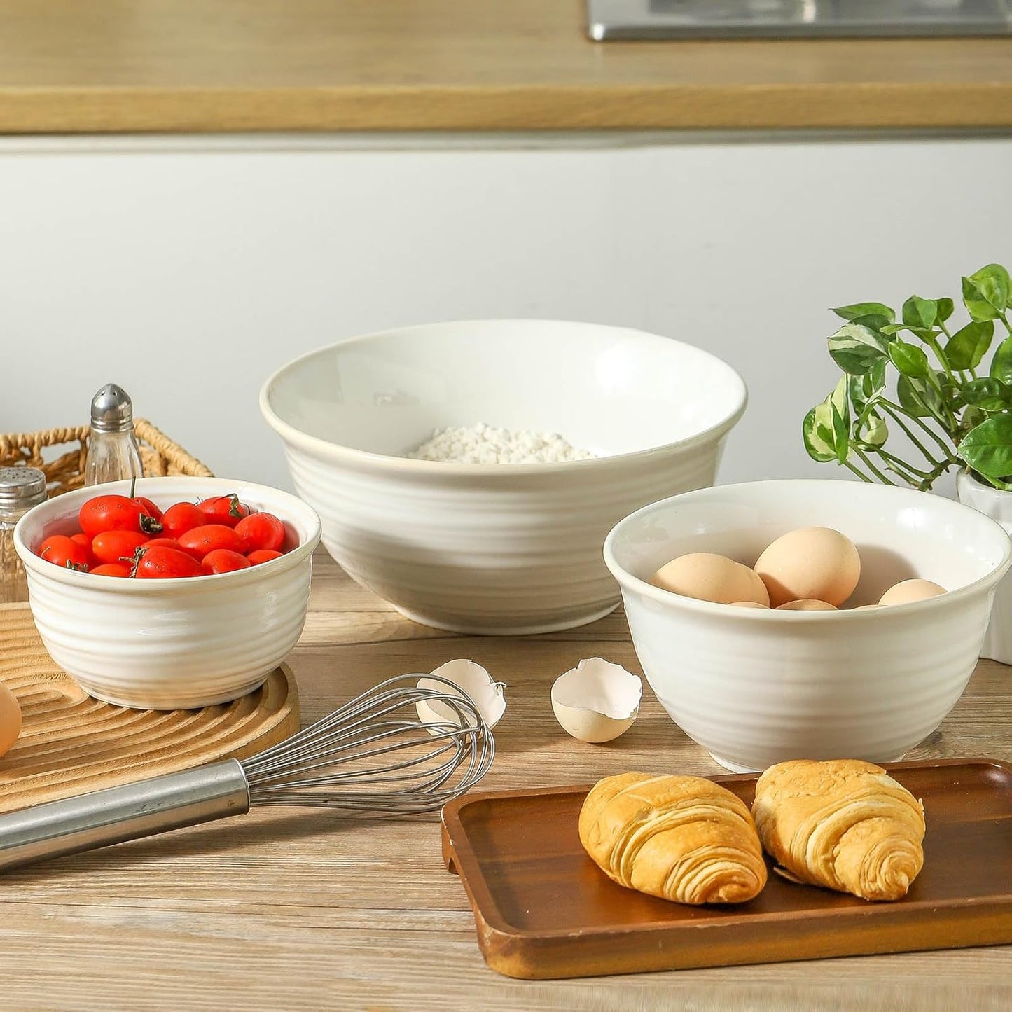 Hasense Ceramic Mixing Bowls Set, 2.1/1.0/0.5 Qt, Handmade Salad Serving Bowls for Kitchen, Deep Nesting Dishes for Storage and Baking, Microwave Dishwasher Safe, Clay-Infused White