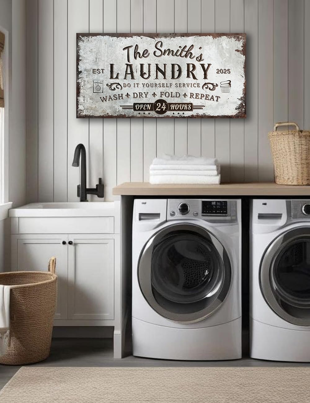 IPIC - Personalized Laundry Room Sign, Custom Canvas Wall Art with Family Name, Rustic Farmhouse Wall Decor and Accessories for Business and Home, Wash Dry Fold Repeat