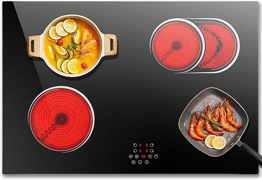 30 Inch Electric Cooktop with 4 Burner, 6400W Electric Stove top with Touch Control, Built-in Ceramic Cooktop, Pause, Safety Lock, Extended Zone & Timer, 220V Hard Wire, Nefaracy