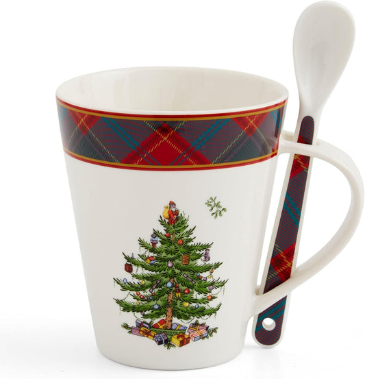Spode Christmas Tree Mug & Spoon Set, 14 Oz Porcelain Mug for Coffee, Tea, Milk, Hot Cocoa - Festive Gift Box - Dishwasher & Microwave Safe - Holiday Collection Design for Gifting (Tartan)