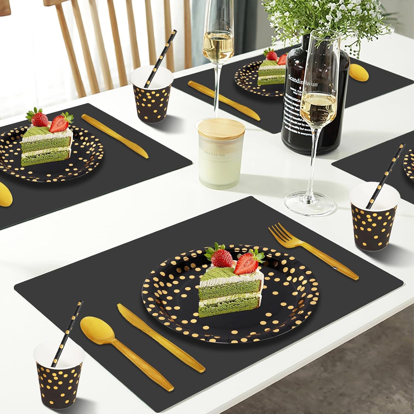 Paper Plates and Napkins Set, 193 Pieces Black Gold Party Supplies Includes Paper Plates Cups Napkins Straws and Cutlery for Birthday Wedding Holidays Parties Decorations-24 Guests