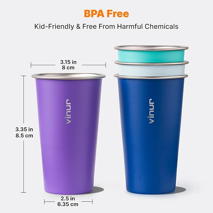 VINUR 4 Pack Stainless Steel Cups 20 oz Pint Tumbler Stackable Metal Drinking Glasses for Travel, Camping, Outdoors (Baby Blue-Navy-Teal-Purple)