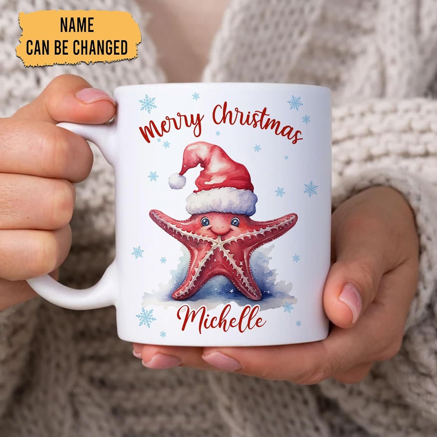 Hyturtle Personalized Gifts Starfish Lover - Merry Christmas Customized Name Ceramic Coffee Mug Cup 11oz - Cute Sea Animal Lovers Gifts For Women, Girl kids Family On Birthday, Christmas