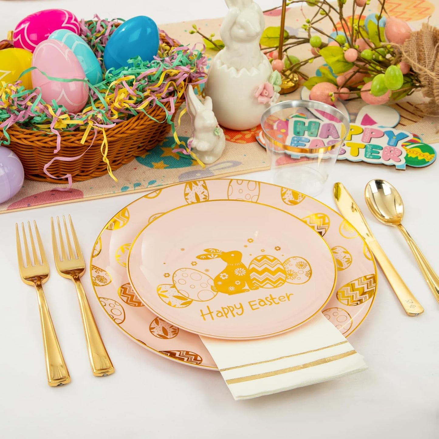 GATHER 175Pcs Easter Plates with Gold Bunny - Pink Plastic Plates Dinnerware Includes 25 Easter Egg Plates and 25 Dessert Plate, 25 Silverware, 25Cups, 25 Napkins, Perfect for Easter Party