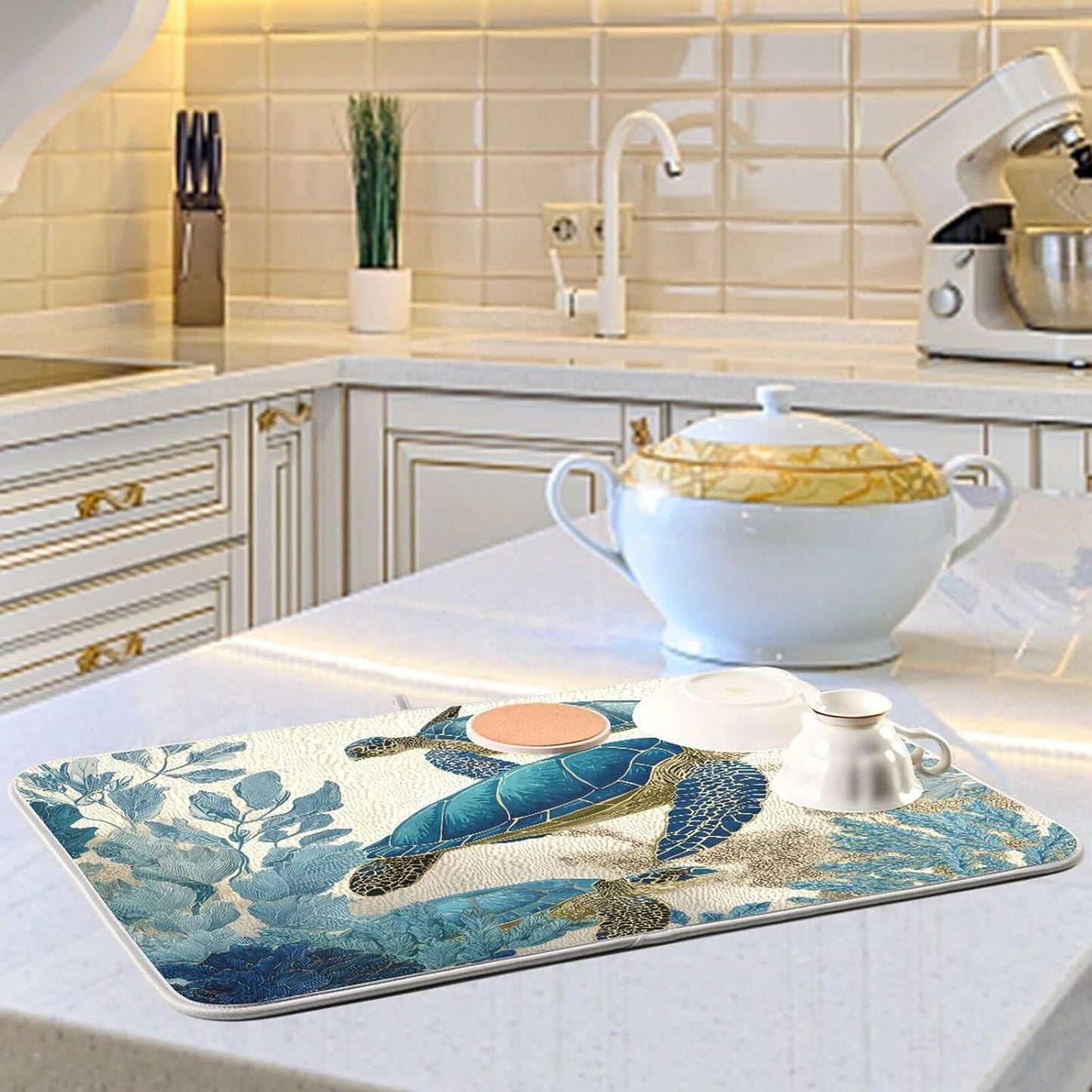Watercolor Sea Turtle Dish Drying Mat Super Absorbent Drying Mat 16x18 inch Large Dish Drying Mats for Kitchen Counter Dish Drying Pads Kitchen Drying Matt for Countertop