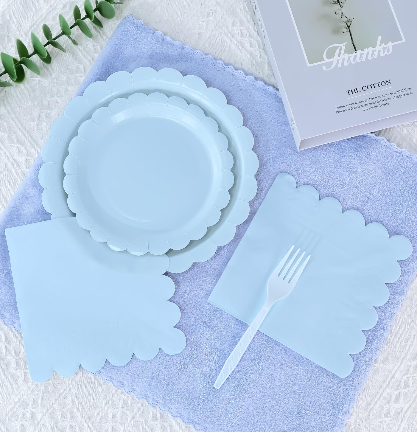 96 Pcs Light Blue Plates and Napkins Party Supplies Serve 24 Guests Including Blue Scalloped Paper Plates and Napkins Plastic Forks for Baby Shower Birthday Party Disposable Dinnerware Set