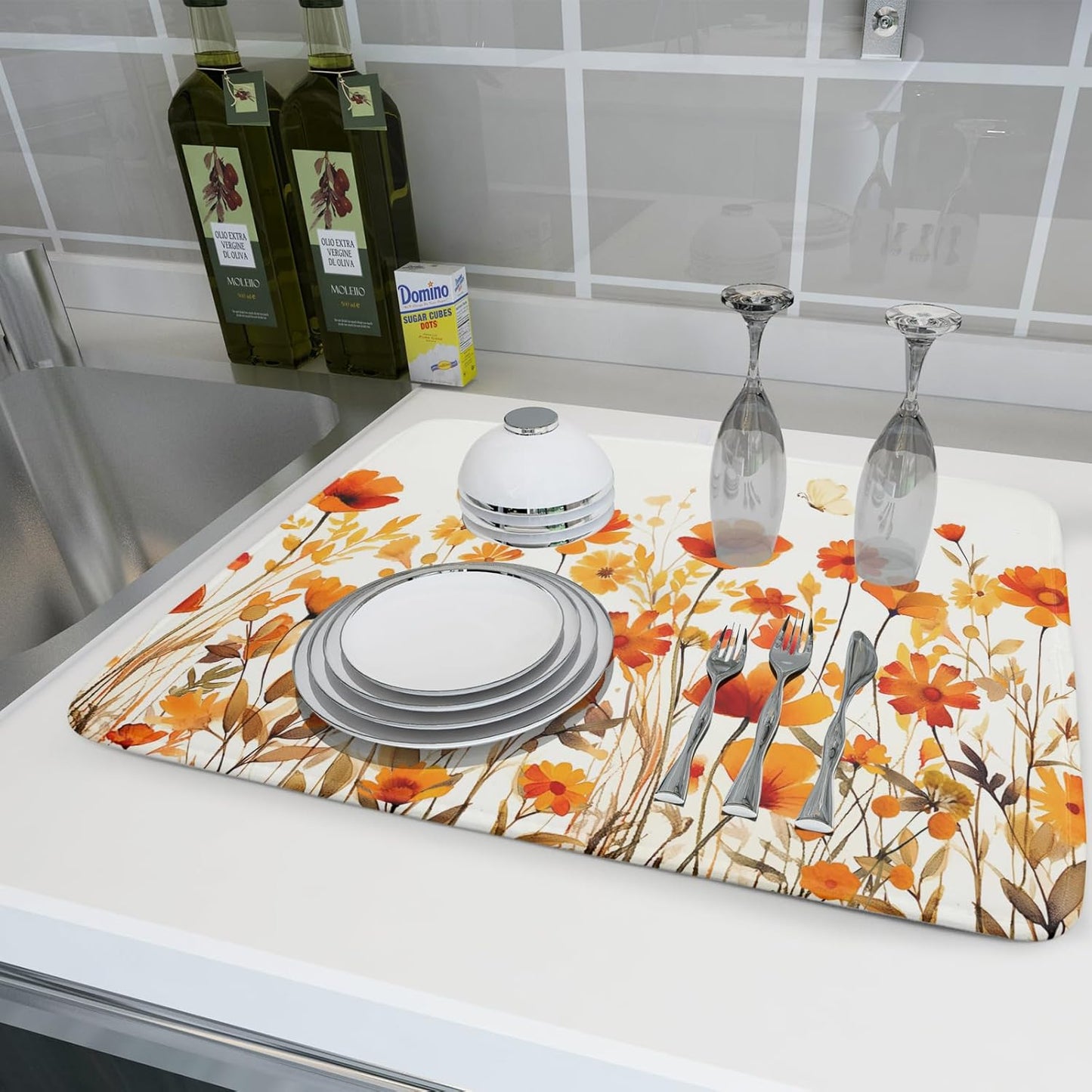 Fall Floral Dish Drying Mat for Kitchen Counter Autumn Orange Wildflowers Reversible Microfiber Absorbent Drying Pad Mats for Countertops Sinks Draining Racks,Harvest Thanksgiving Decor,18 X 24 Inches