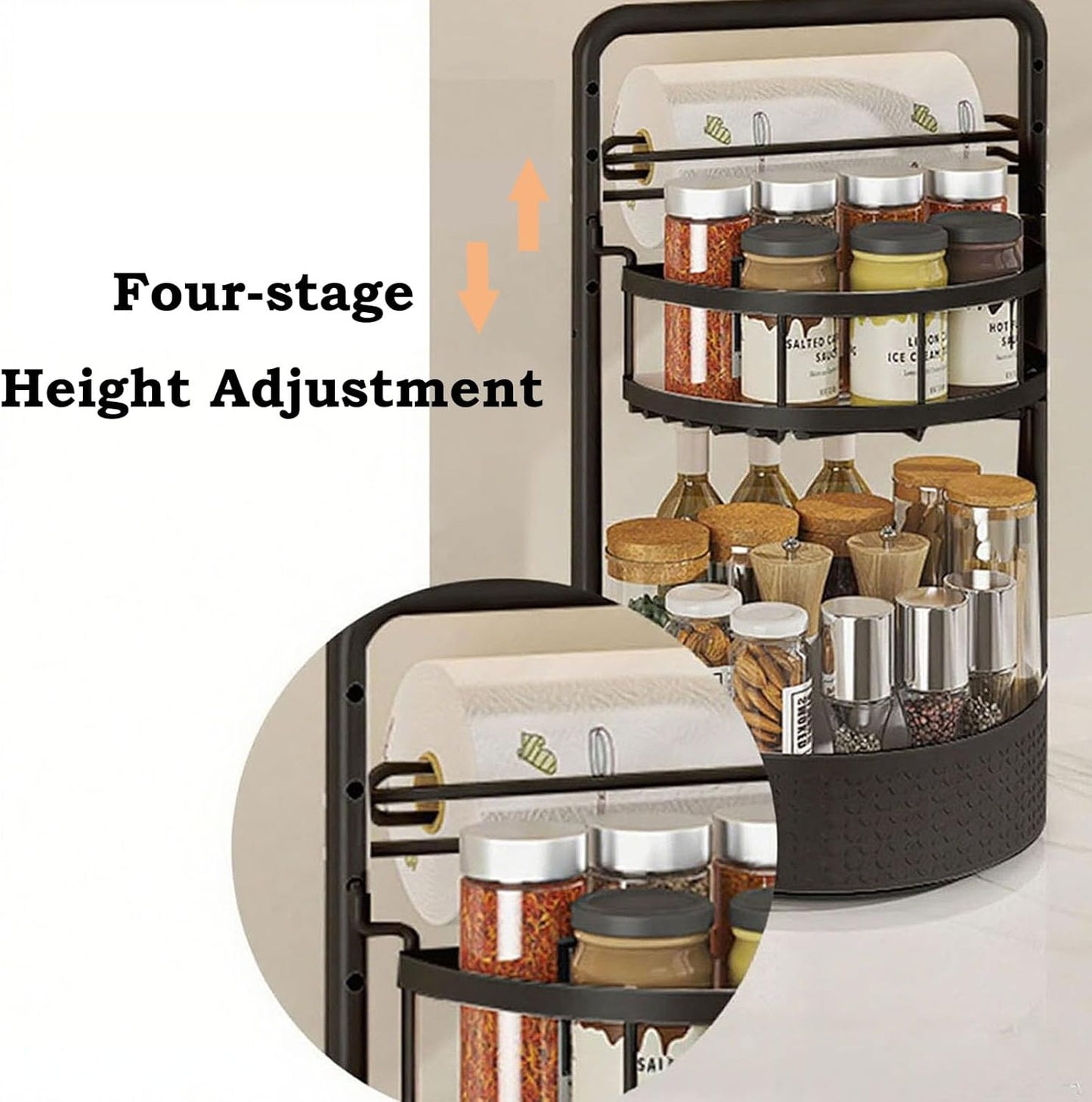 Lazy Susan Organizer, 360° Rotating Metal Spice Rack with Paper Towel Holder, Turntable Spice Holder for Condiments, Bottles, Jars, Suit for Kitchen Countertop & Cabinet, Black