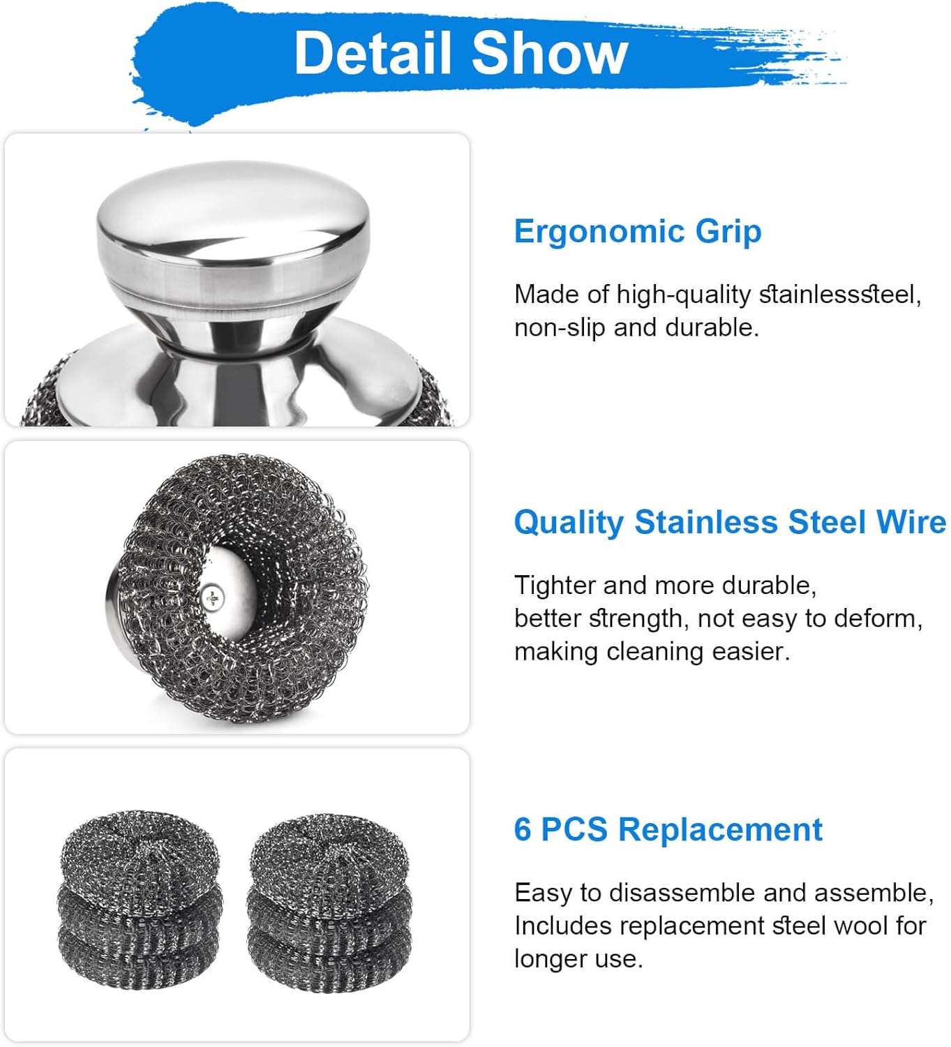 7PCS Steel Wool Scrubber Pads, Stainless Steel Scrubber Set with 1PCS Handle, Metal Scrubbers for Cleaning Kitchen and Household, Dishes, Stoves, Grill, Wash Sink, Pots