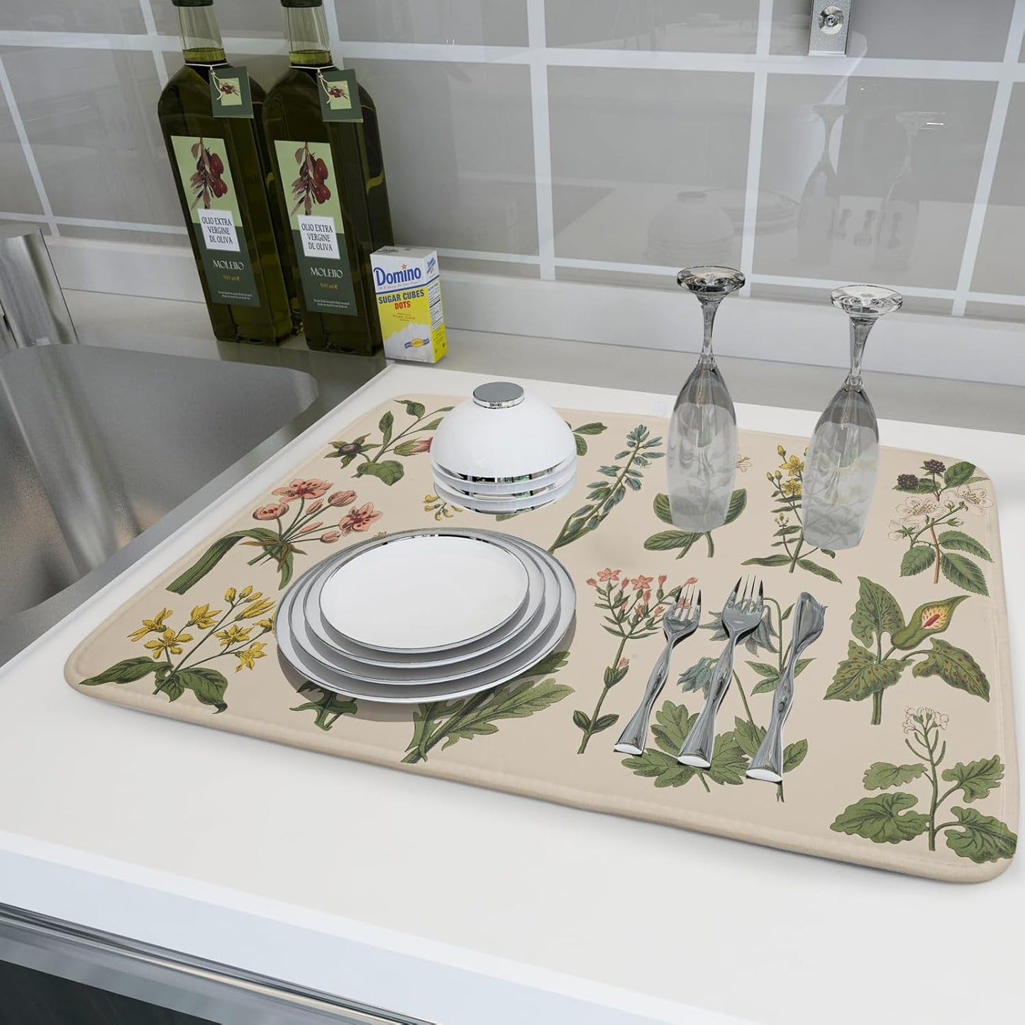 Flower Herbs Dish Drying Mat for Kitchen Counter Decor 18x24 Inch Absorbent Reversible Wild Plant Dish Mat Microfiber Drying Pad Sage Leaves Dish Drainer Rack Mats for Coffee Bar…