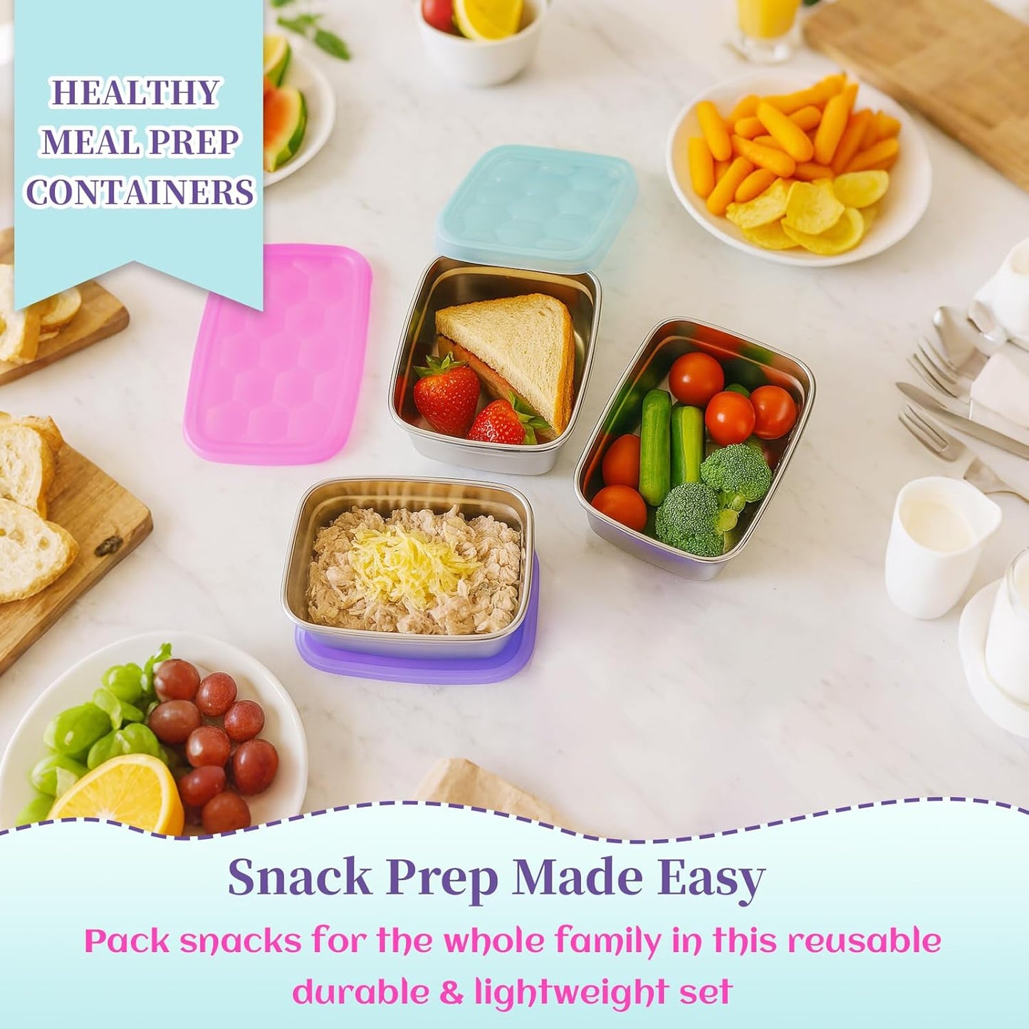 3-Pack Stainless Steel Snack Containers for Kids & Toddlers - 550ml (18oz) Leakproof Reusable Food Containers with LFGB Certified Lids | Stackable Metal Lunch Box for Daycare, School, Travel