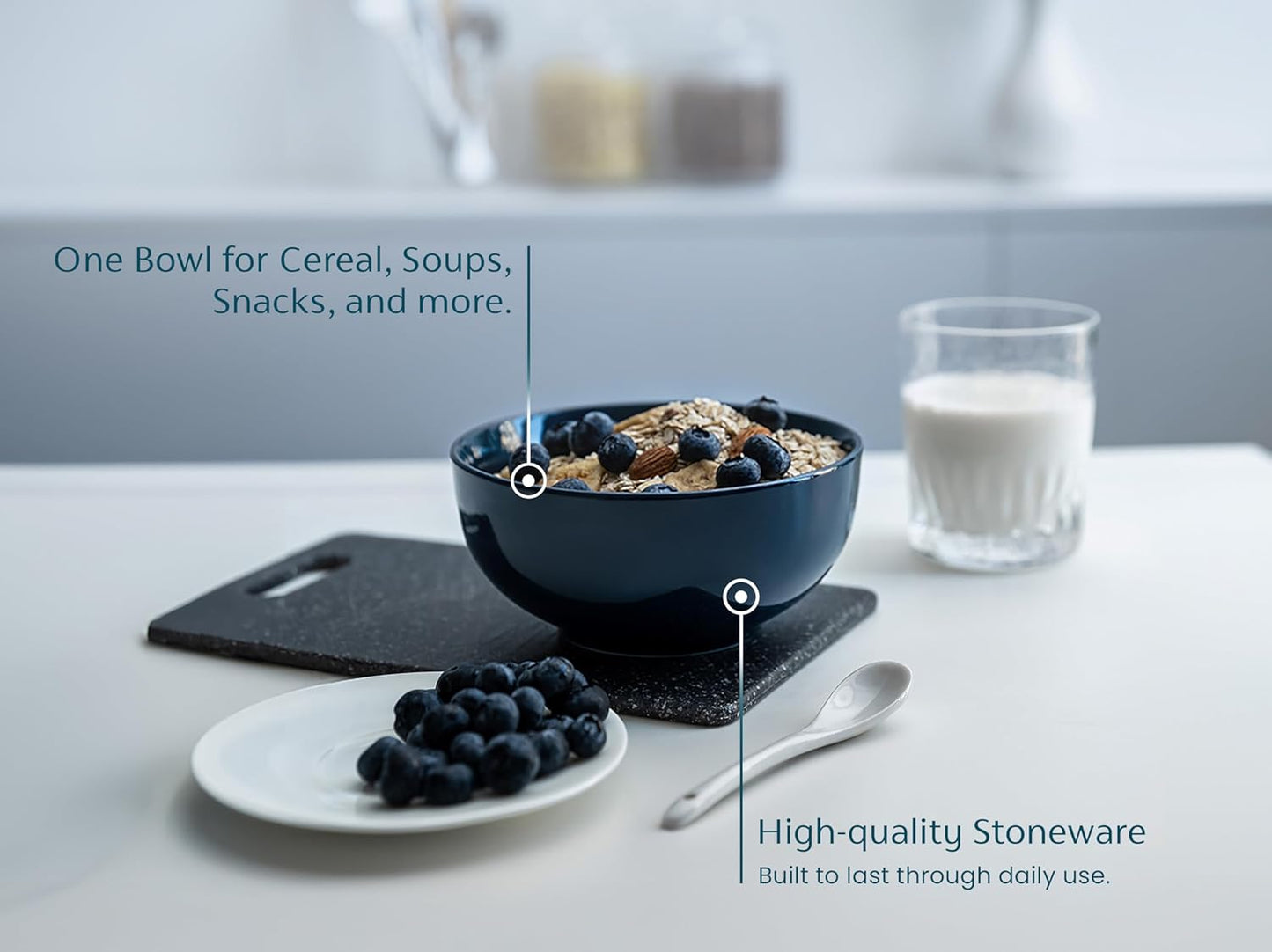 KooK Soup Bowls, Cereal Bowl, Ceramic, Bowls for Kitchen, Microwave, Dishwasher and Freezer Safe, Porcelain Dishes for Pasta, Salad, Oatmeal, Deep Interior, 20 oz, Set of 6, (Navy)