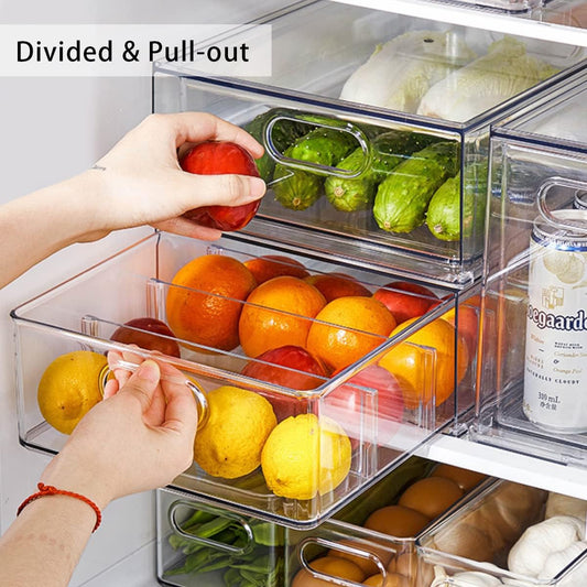 Mano Fridge Drawer Pull Out Stackable Bins with Handle Clear Refrigerator Drawers Organizer Food Storage Container Box with Dividers Plastic Produce Saver for Pantry, Cabinet, Kitchen, Clothes（4Pack）
