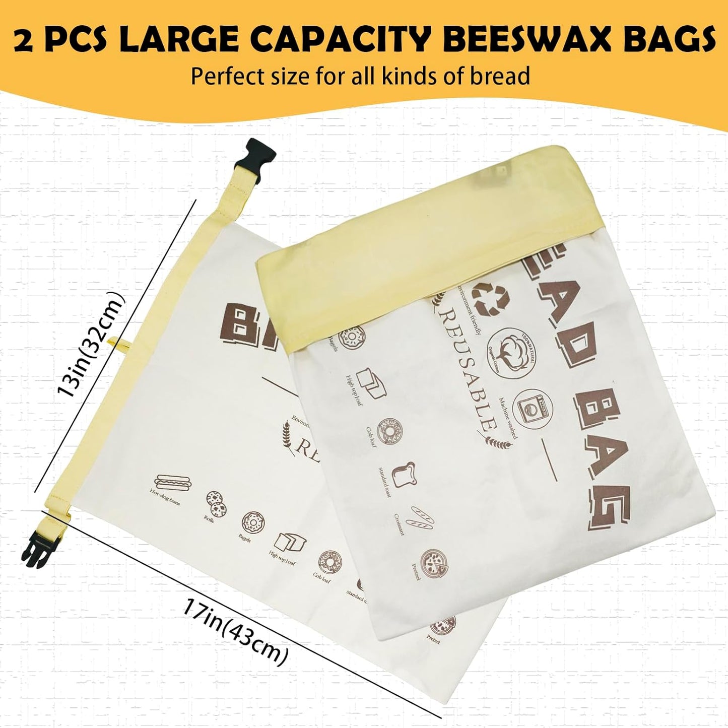 2 Pack Beeswax Bread Bags for Homemade Sourdough,Cotton Beeswax Bags for Bread Storage,Reusable Food Storage Bag For Keeping Fresh(White,13x17in)