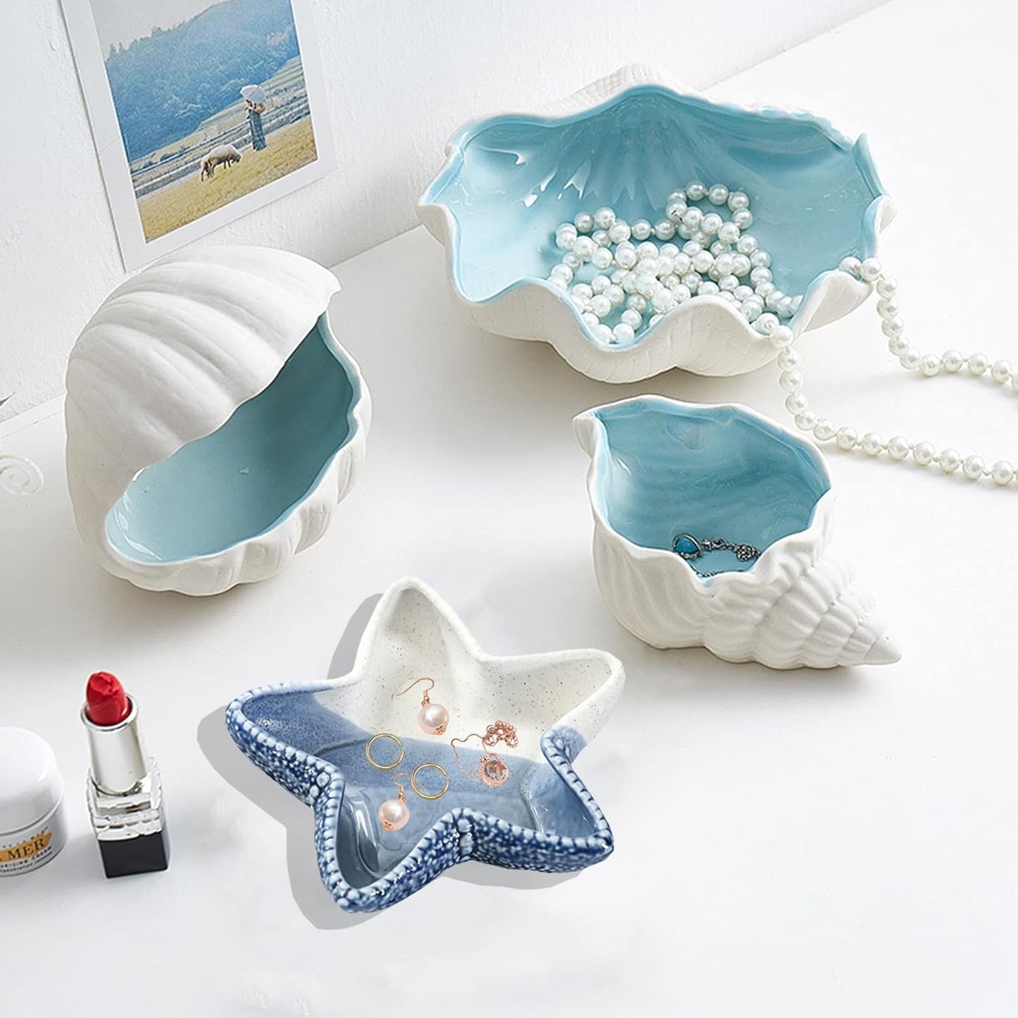 Starfish Jewelry Dish Tray, Ceramic Ring Holder for Jewelry, Trinket Tray Candy Dishes, Jewelry Tray Jewelry Plate Small Key Bowl for Entryway Table Birthday Home Party Decor (D STYLE)