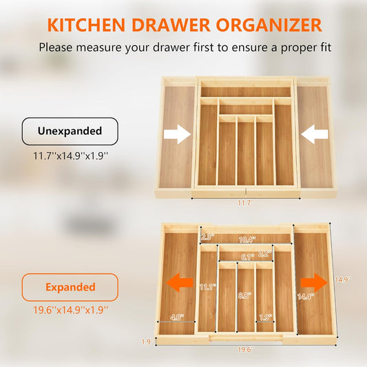 Expandable and Adjustable Bamboo Drawer Organizer Tray - Cutlery Drawer Organizer for Kitchen Utensils, Silverware Organizer with Dividers, 7-9 Slots with Curved Grooves (Natural)