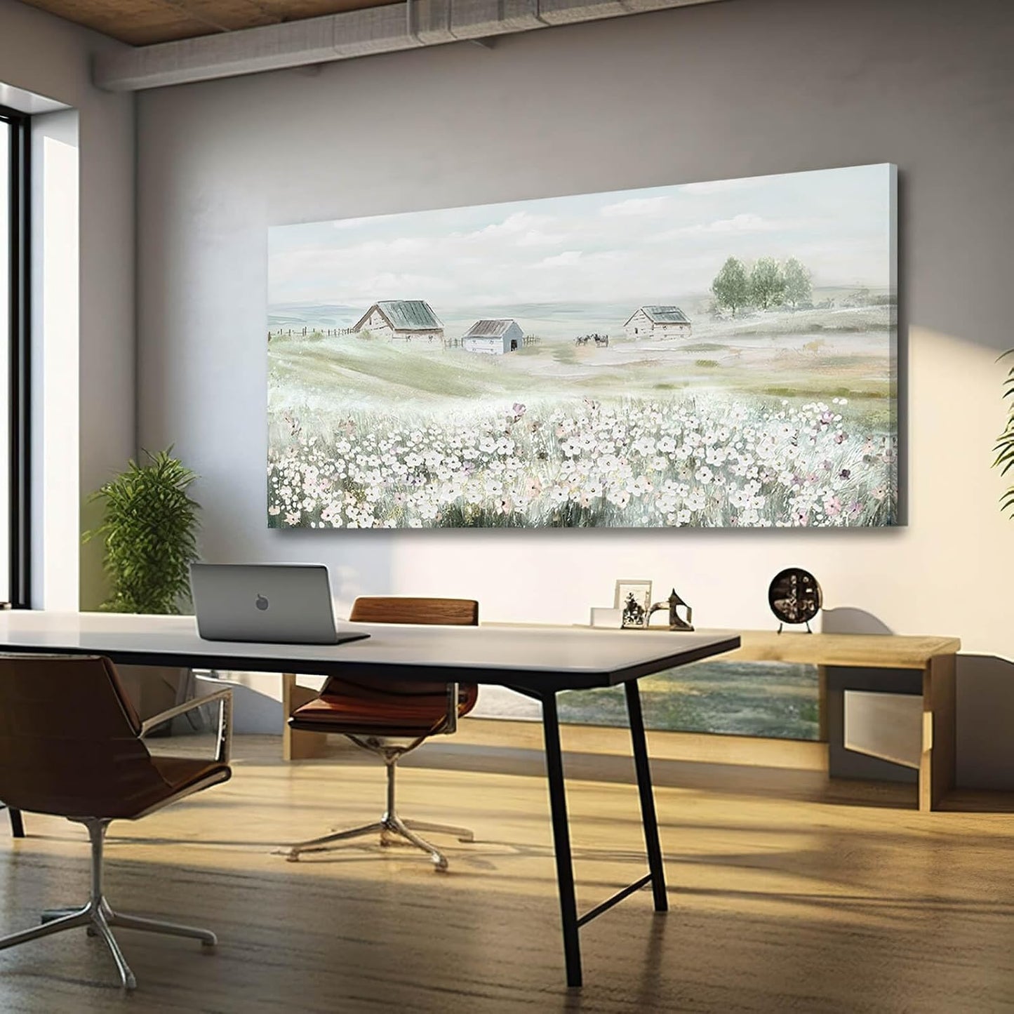 VAYIMDH Farmhouse Wall Art White Flowers Painting Rustic Scenery Green Pictures Wall Decor 24"x 48" Meadow Prints for Living Room Dining Room Bedroom Aesthetic