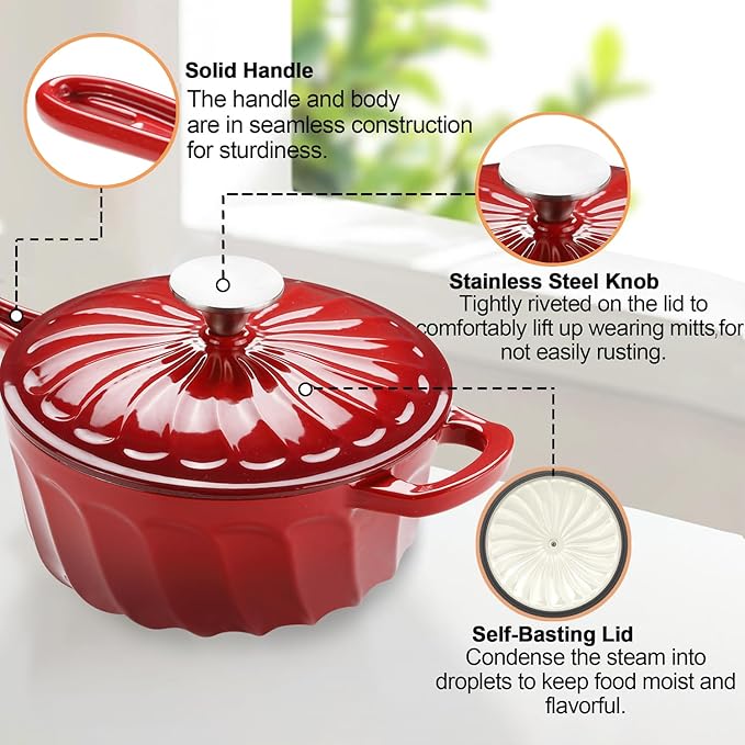 Enameled Cast Iron Sauce Pan, 2 Quart Enameled Saucepan with Lid, Mini Dutch Oven Enamel Saucepan for Cooking Pasta Sauce, Gravy, Puddings, Marinate, Boiling (Gradient Red)
