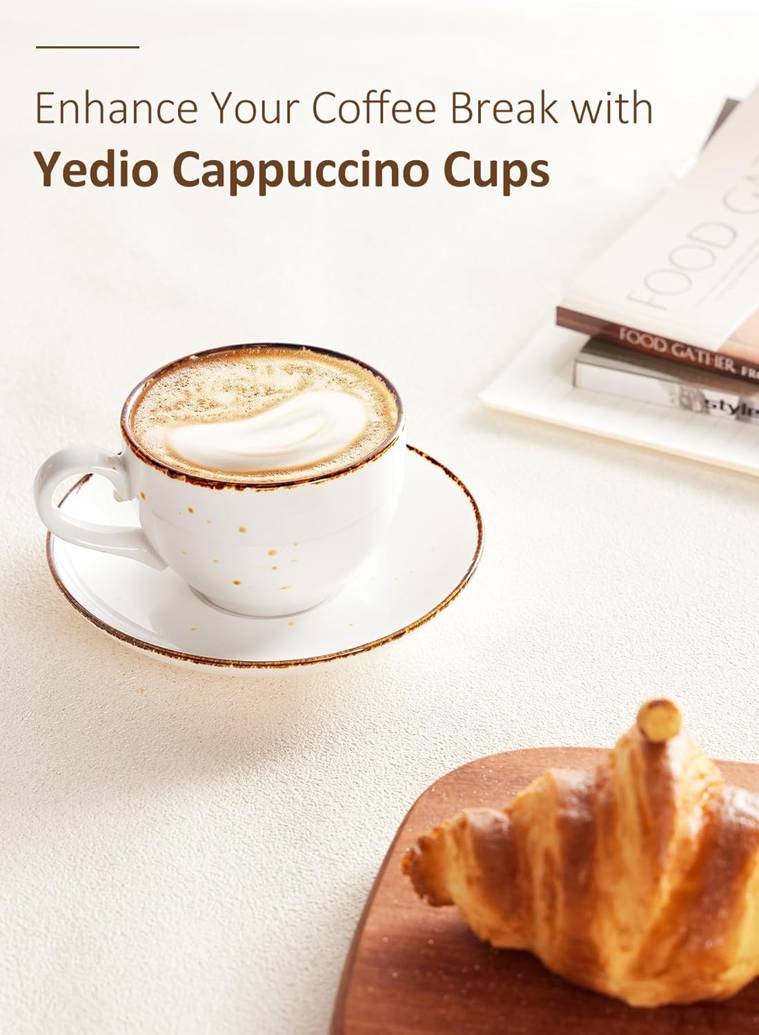 Yedio 8oz Cappuccino Cups and Saucer, Porcelain Coffee Mugs, Latte Cups Set for Cappuccino, Espresso, Americano, Latte, Tea, Mocha, Microwave Dishwasher Safe, Set of 4, White