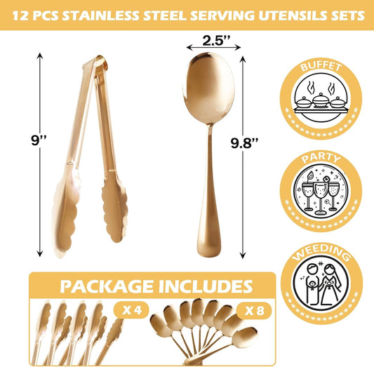 12PCS Stainless Steel Serving Utensils Sets with 8 Large Serving Spoons,4 Serving Tongs,Gold Serving Utensills Sets for Buffet Catering Banquet Party (Gold)