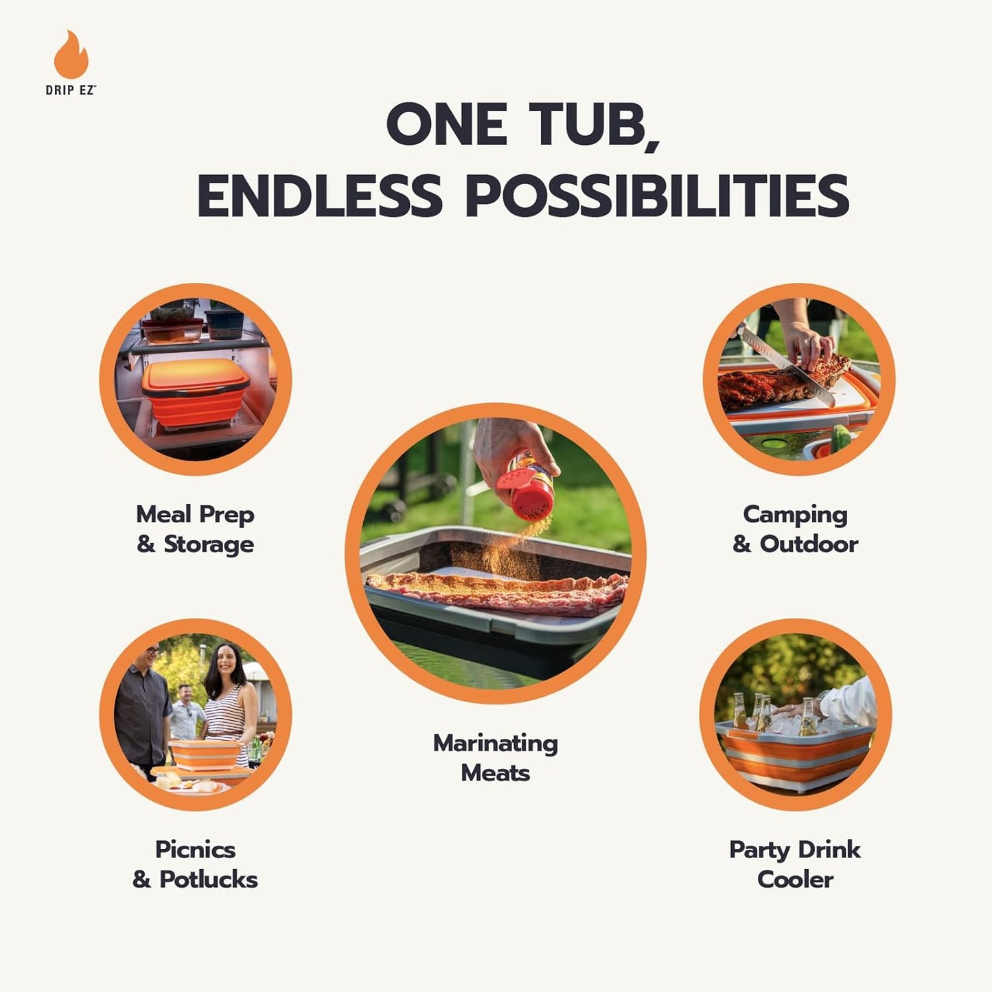 Drip EZ Collapsible BBQ Prep Tubs 3-Piece Set- For Meal Prep Marinating Food Storage - Includes Cutting Board & Lid - (1) JR - Black + (1) OG - Orange + (1) XL - Black