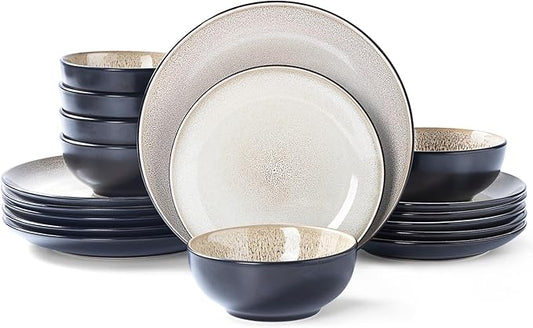 Plates and Bowls Sets for 6 - CJDC-QUELO 18-Piece Stoneware Dinnerware Sets, Ceramic Dishware Set for Indoor Kitchen Use and Formal Dining, Chip and Scratch Resistant Microwave Dishwasher Safe, Brown