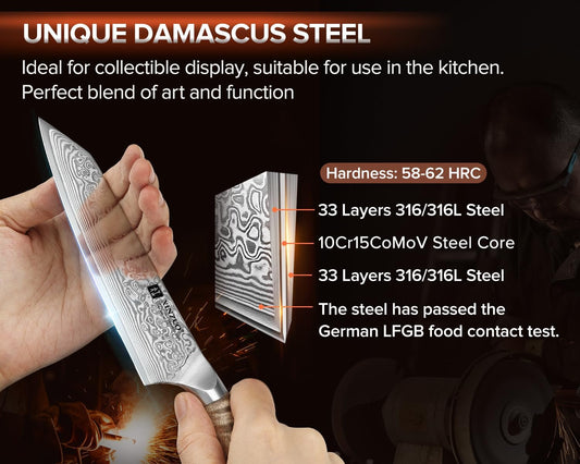 XINZUO Kiritsuke Chef Knife 5.8",Sharp Forged Damascus Stainless Steel Sharp Small Kitchen Knife,For Home & Restaurant,Full Tang Figured Sycamore Wood And Mosaic Copper Rivet Handle
